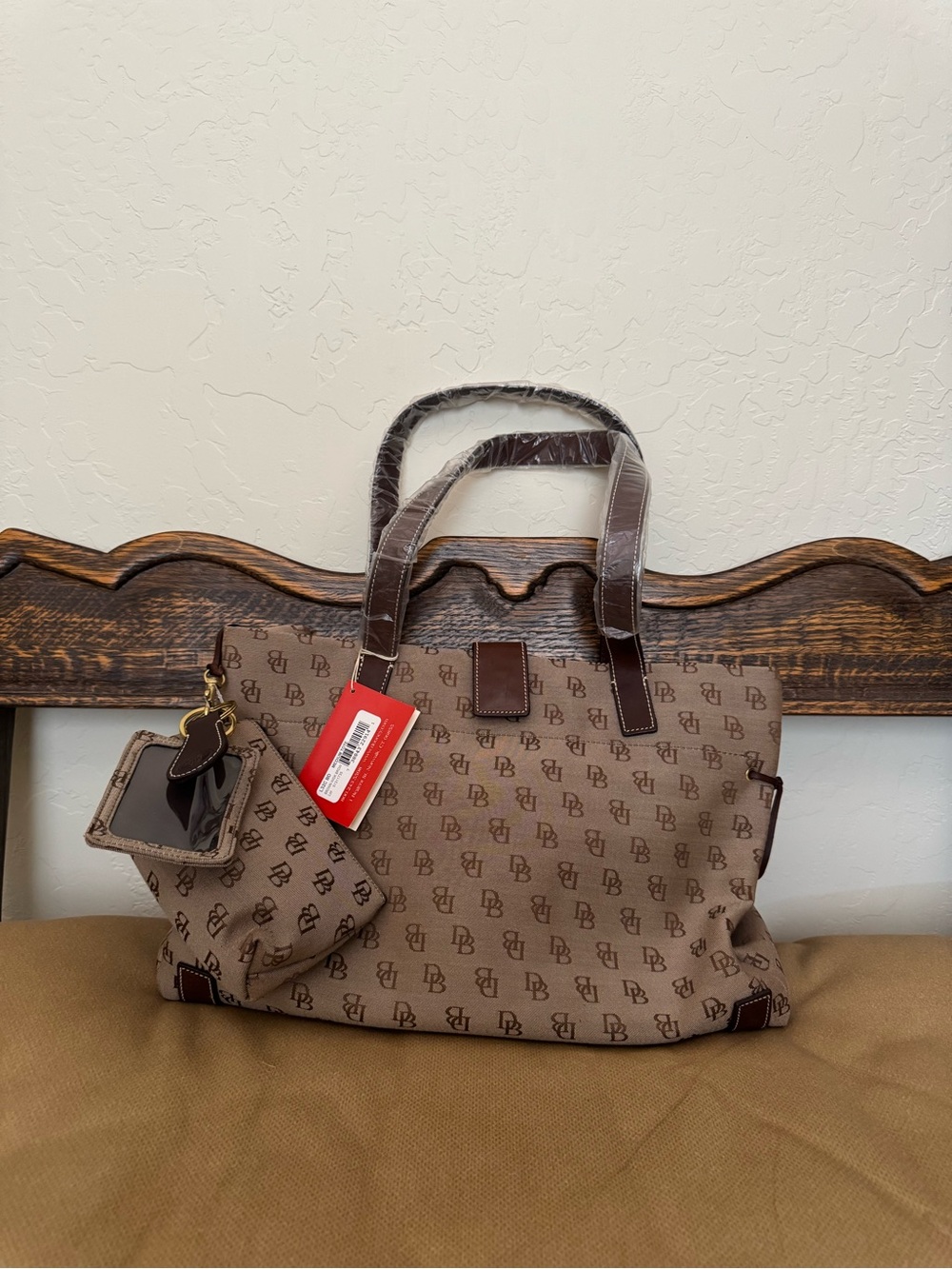 Dooney & Bourke Brown Logo Tote with Dark Brown Trim and Pouch